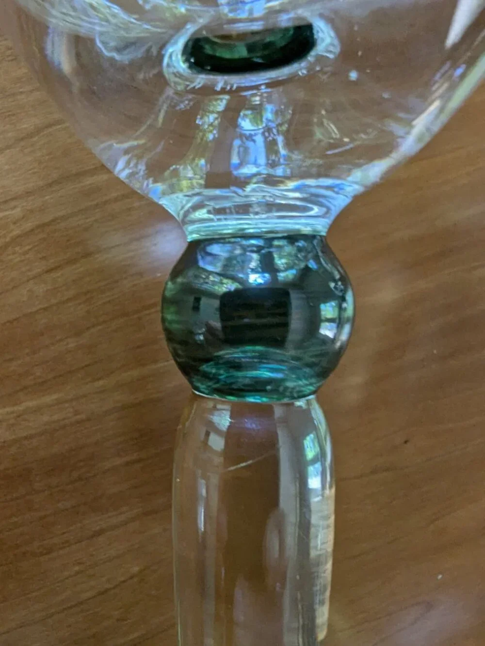 Vintage Pottery Barn Goblets Glasses Iridescent Amber Stem Green Bubble Set of 4